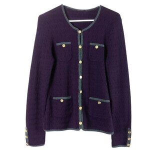 Trina Turk Wool Cardigan Womens S Purple Gold Button Sweater Jacket Preppy